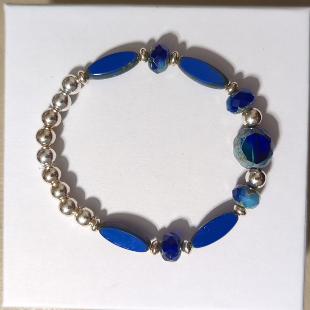 Handcrafted Blue Czech Beads and Sterling Silver Bracelet